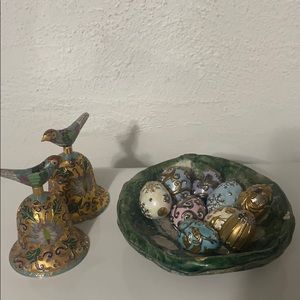 Franklin Mint bird 🔔4” & 9 eggs 1 1/2”w dish 6”